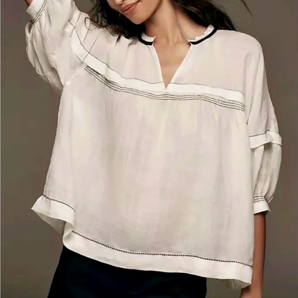 Maeve White Linen Tunic with Black Trim/Stitching XL - Picture 2 of 12